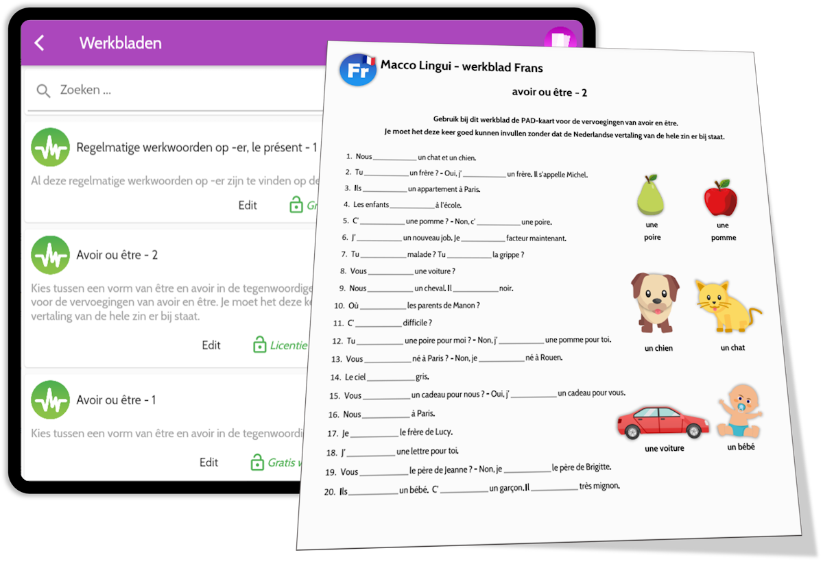 Werkbladen en puzzels die passsen bij de taalkaarten vind je in de Macco Lingui app