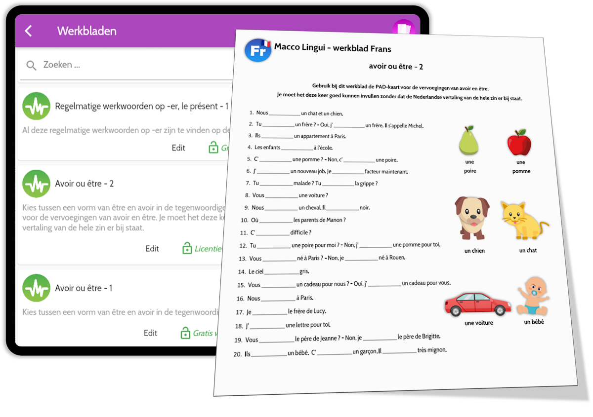 Puzzels en werkbladen in de Macco Lingui app