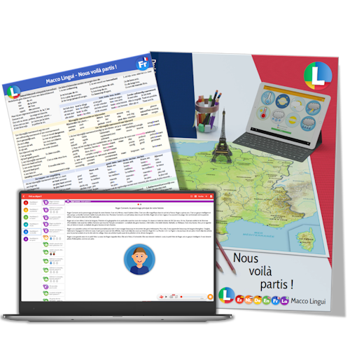 De leergang Nous voilà partis, bestaande uit de Macco Lingui app, een boek en een taalkaart Frans