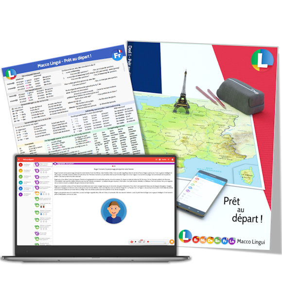 De leergang Prêt au départ, bestaande uit de Macco Lingui app, een boek en een taalkaart Frans